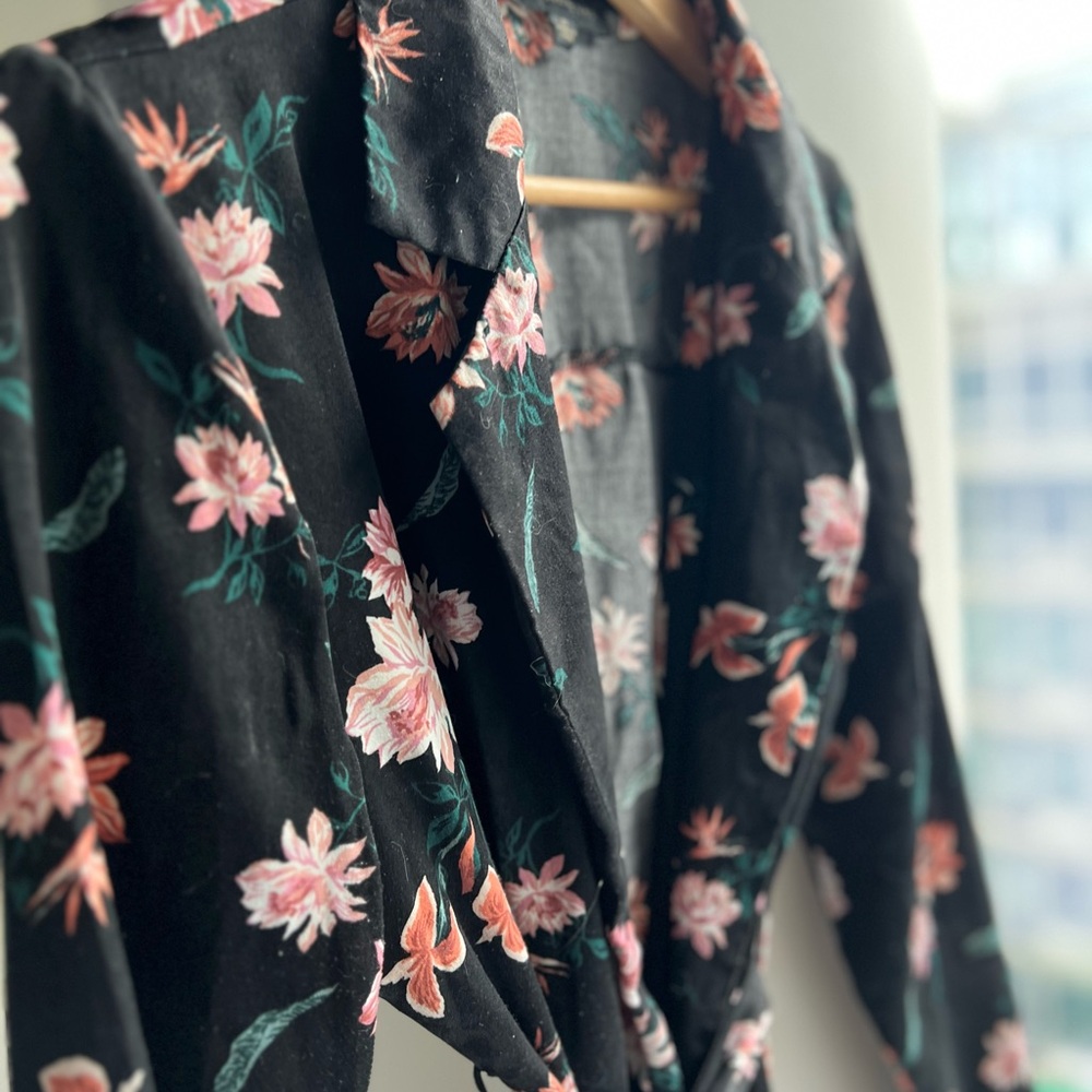 Floral Black Women's Kimono Tie Waist Jacket